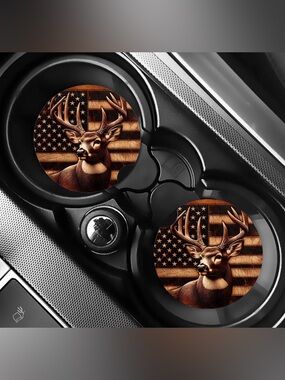 American Flag Deer Car Coasters Absorbent Set of (2)